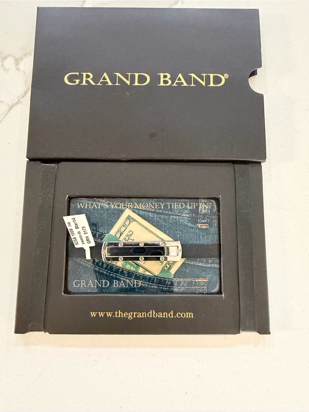 Grand Band Sterling Silver 925 Money Clip Wallet with Black strap